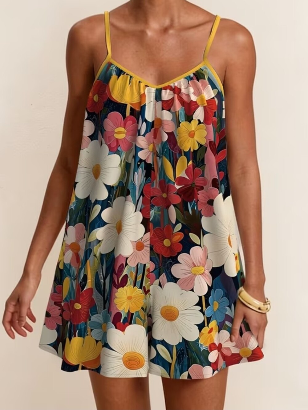 Floral Navy Sundress with Yellow Trim